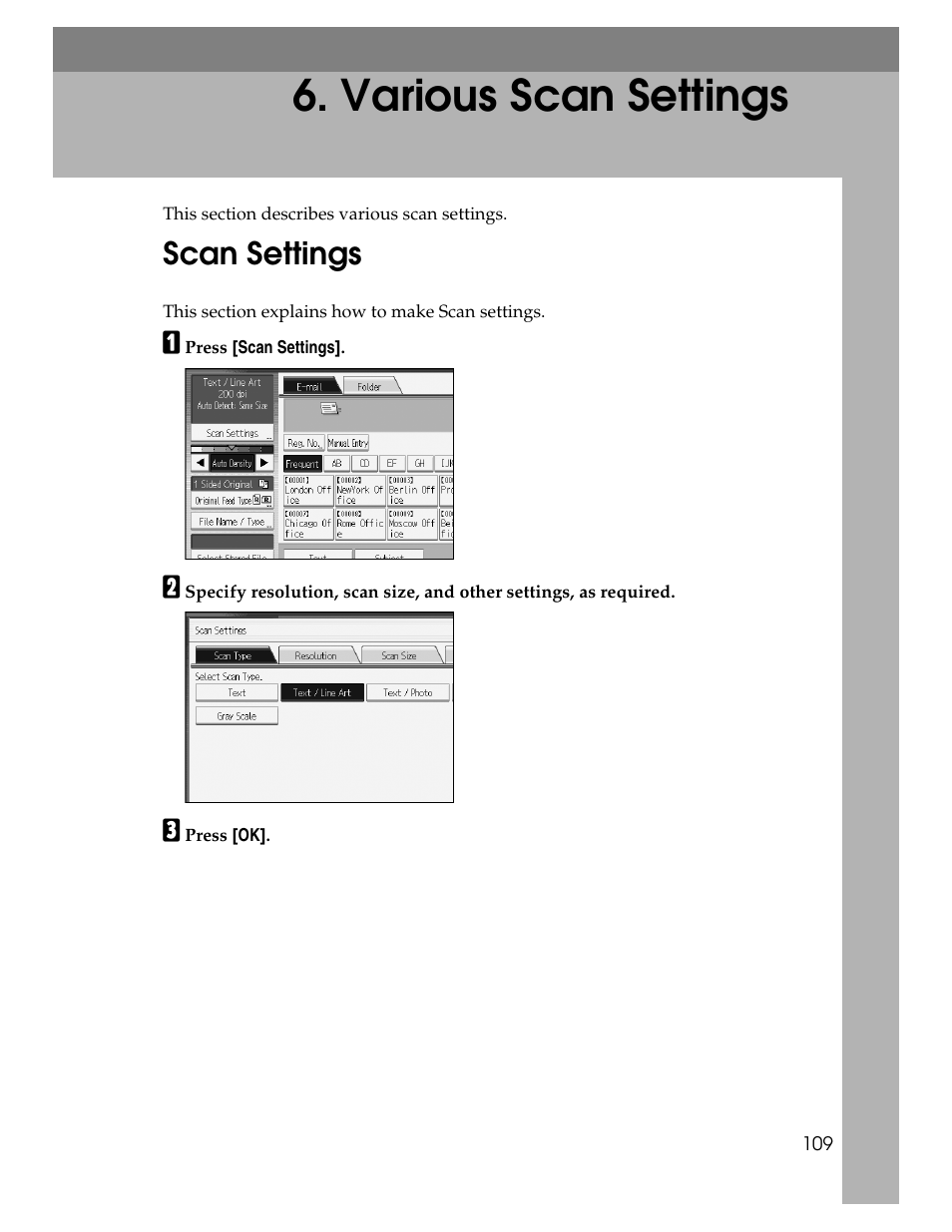 various scan settings, Scan settings, Various scan settings | P.109 “various scan settings | Ricoh Printer/Scanner Unit Type 8000 User Manual | Page 117 / 174