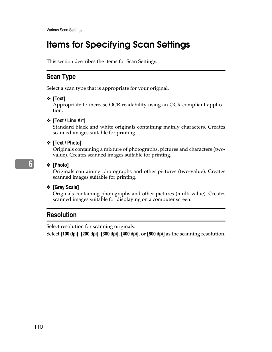 Items for specifying scan settings, Scan type, Resolution | Scan type resolution, 6items for specifying scan settings | Ricoh Printer/Scanner Unit Type 8000 User Manual | Page 118 / 174