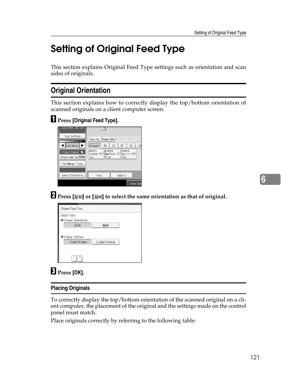 Setting of original feed type, Original orientation, Placing originals | P.121 “setting of original feed type, 6setting of original feed type | Ricoh Printer/Scanner Unit Type 8000 User Manual | Page 129 / 174