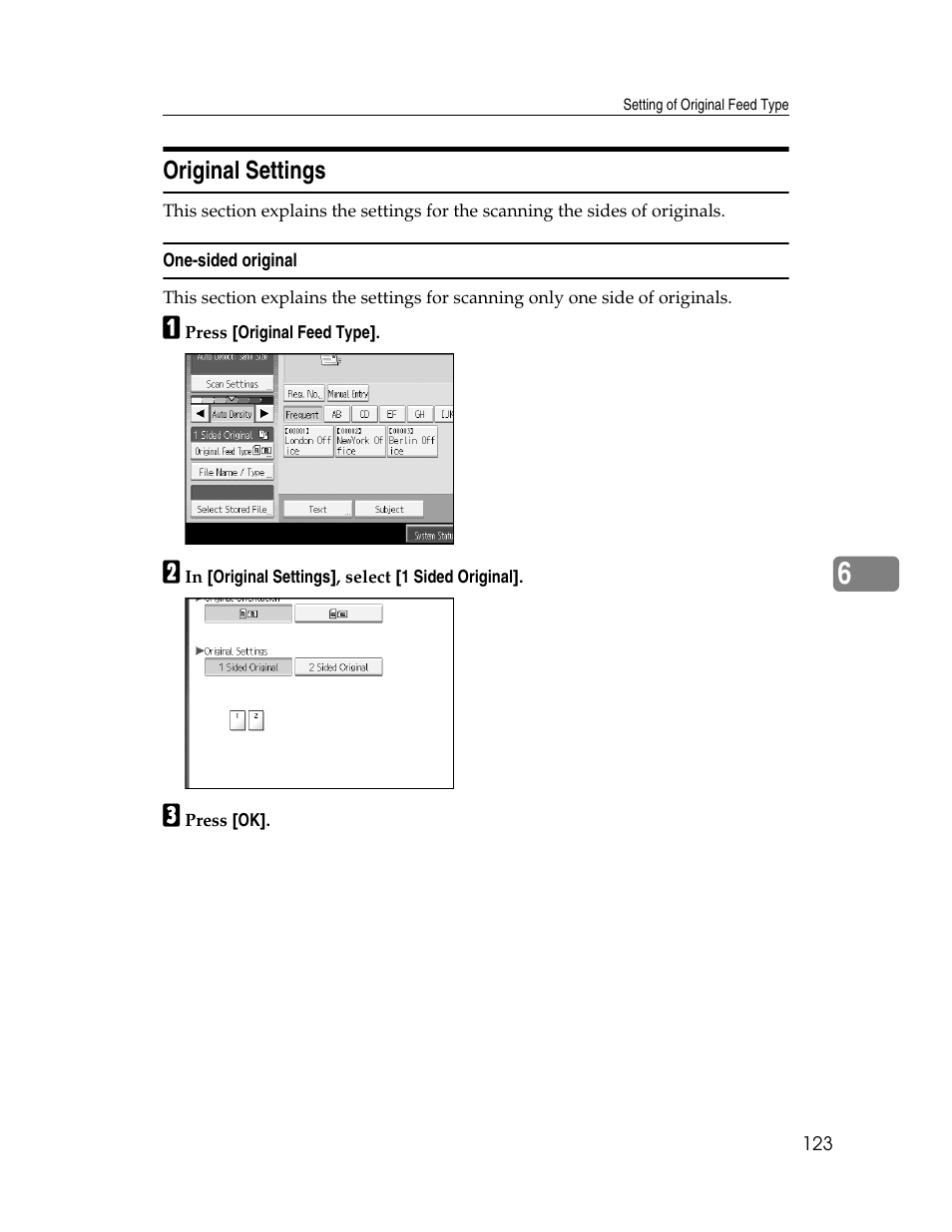 Original settings, One-sided original | Ricoh Printer/Scanner Unit Type 8000 User Manual | Page 131 / 174