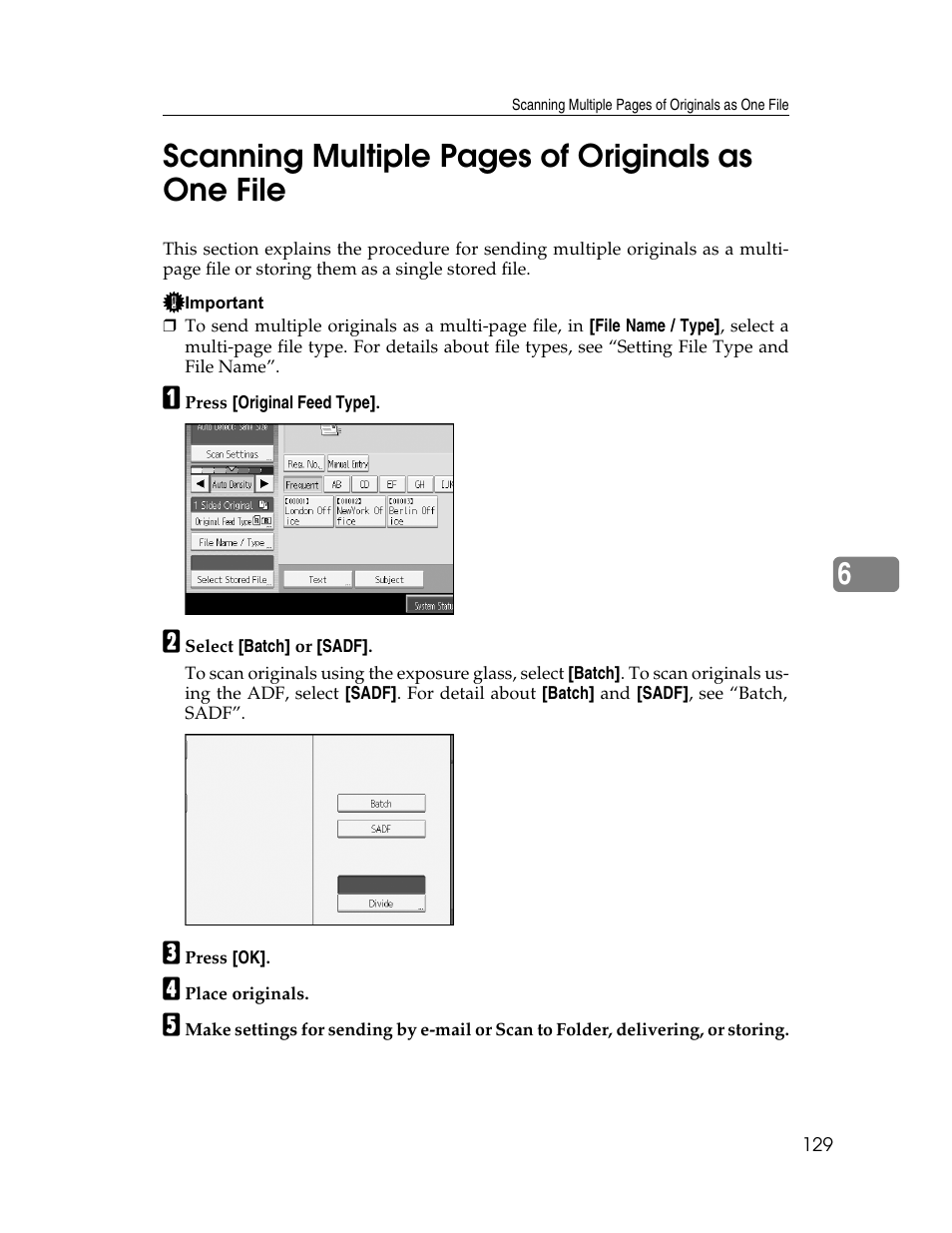 6scanning multiple pages of originals as one file | Ricoh Printer/Scanner Unit Type 8000 User Manual | Page 137 / 174