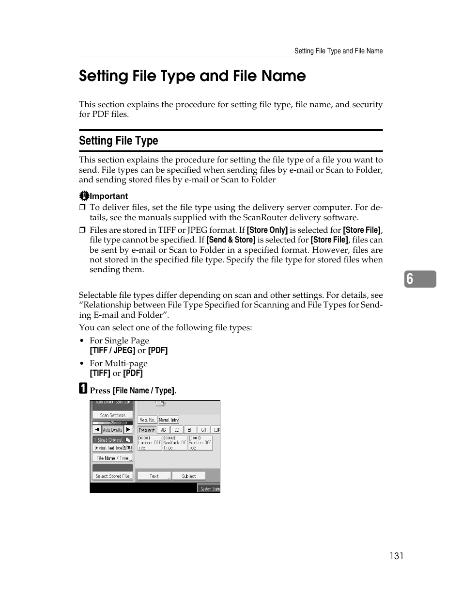 Setting file type and file name, Setting file type, P.131 “setting file type and file name | 6setting file type and file name | Ricoh Printer/Scanner Unit Type 8000 User Manual | Page 139 / 174