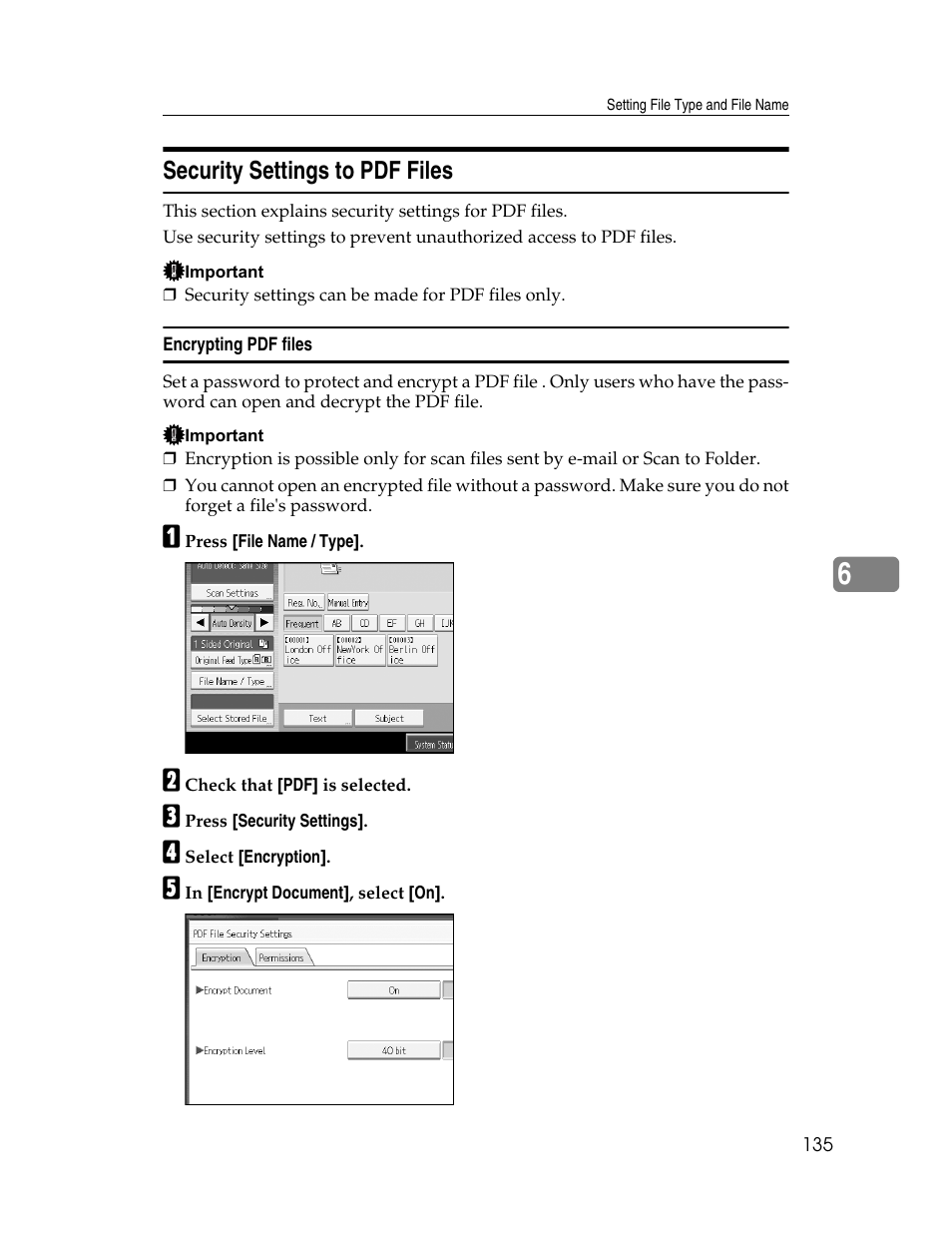 Security settings to pdf files, Encrypting pdf files | Ricoh Printer/Scanner Unit Type 8000 User Manual | Page 143 / 174