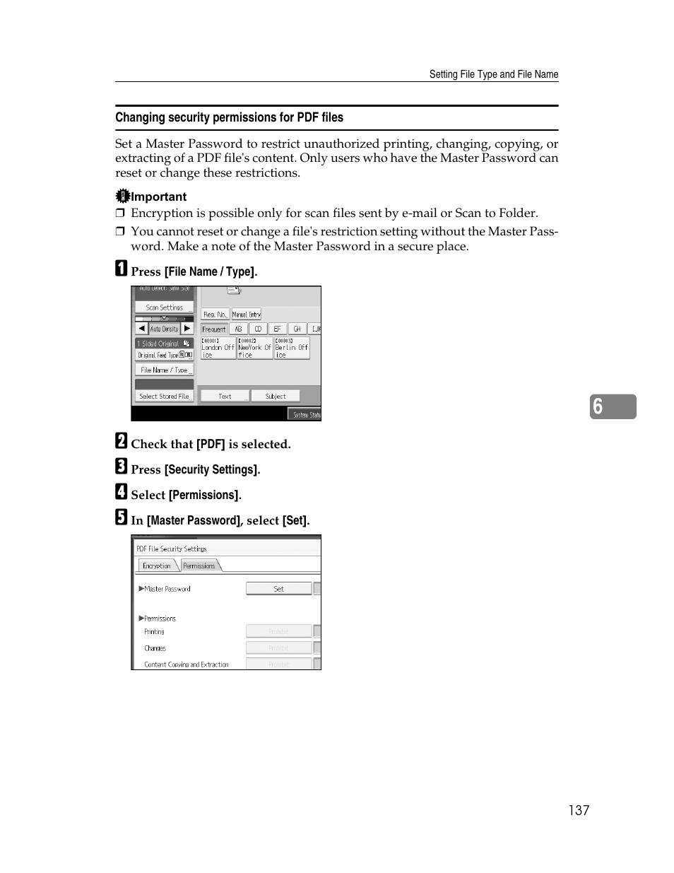 Changing security permissions for pdf files | Ricoh Printer/Scanner Unit Type 8000 User Manual | Page 145 / 174