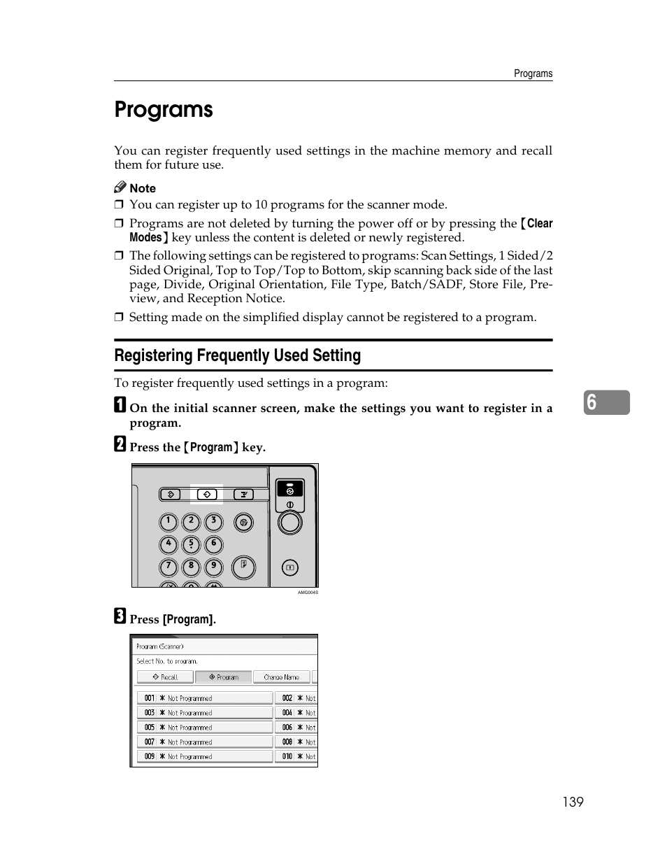 Programs, Registering frequently used setting, 6programs | Ricoh Printer/Scanner Unit Type 8000 User Manual | Page 147 / 174