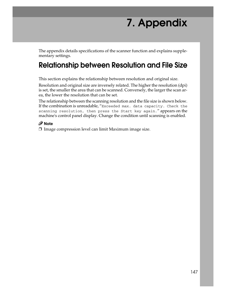  appendix, Relationship between resolution and file size, Appendix | Ricoh Printer/Scanner Unit Type 8000 User Manual | Page 155 / 174