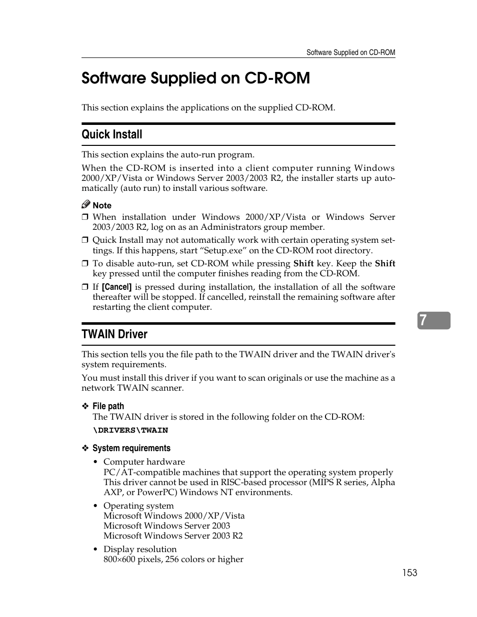 Software supplied on cd-rom, Quick install, Twain driver | Quick install twain driver, 7software supplied on cd-rom | Ricoh Printer/Scanner Unit Type 8000 User Manual | Page 161 / 174