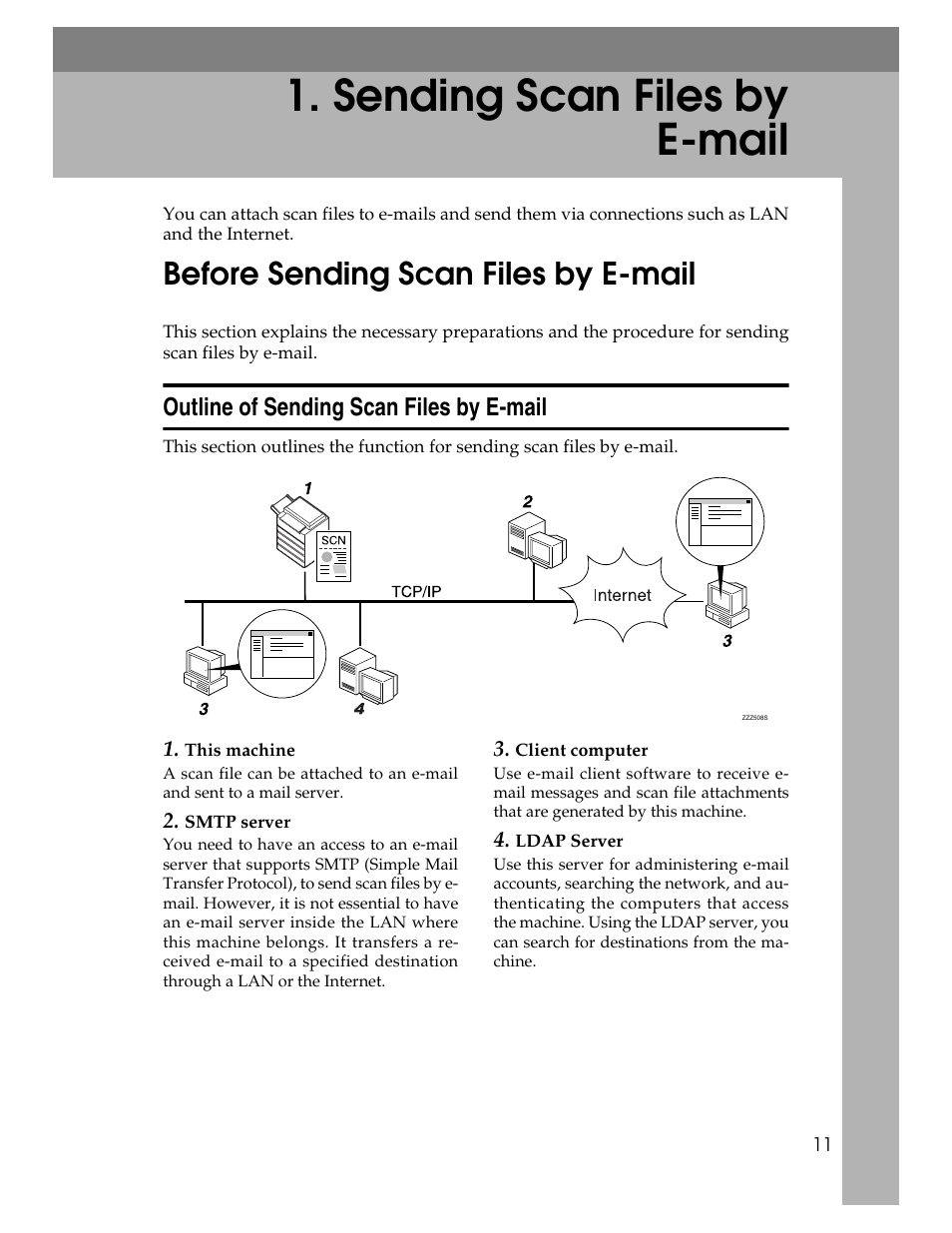  sending scan files by e-mail, Before sending scan files by e-mail, Outline of sending scan files by e-mail | Sending scan files by e-mail, P.11 “sending scan files by e-mail | Ricoh Printer/Scanner Unit Type 8000 User Manual | Page 19 / 174