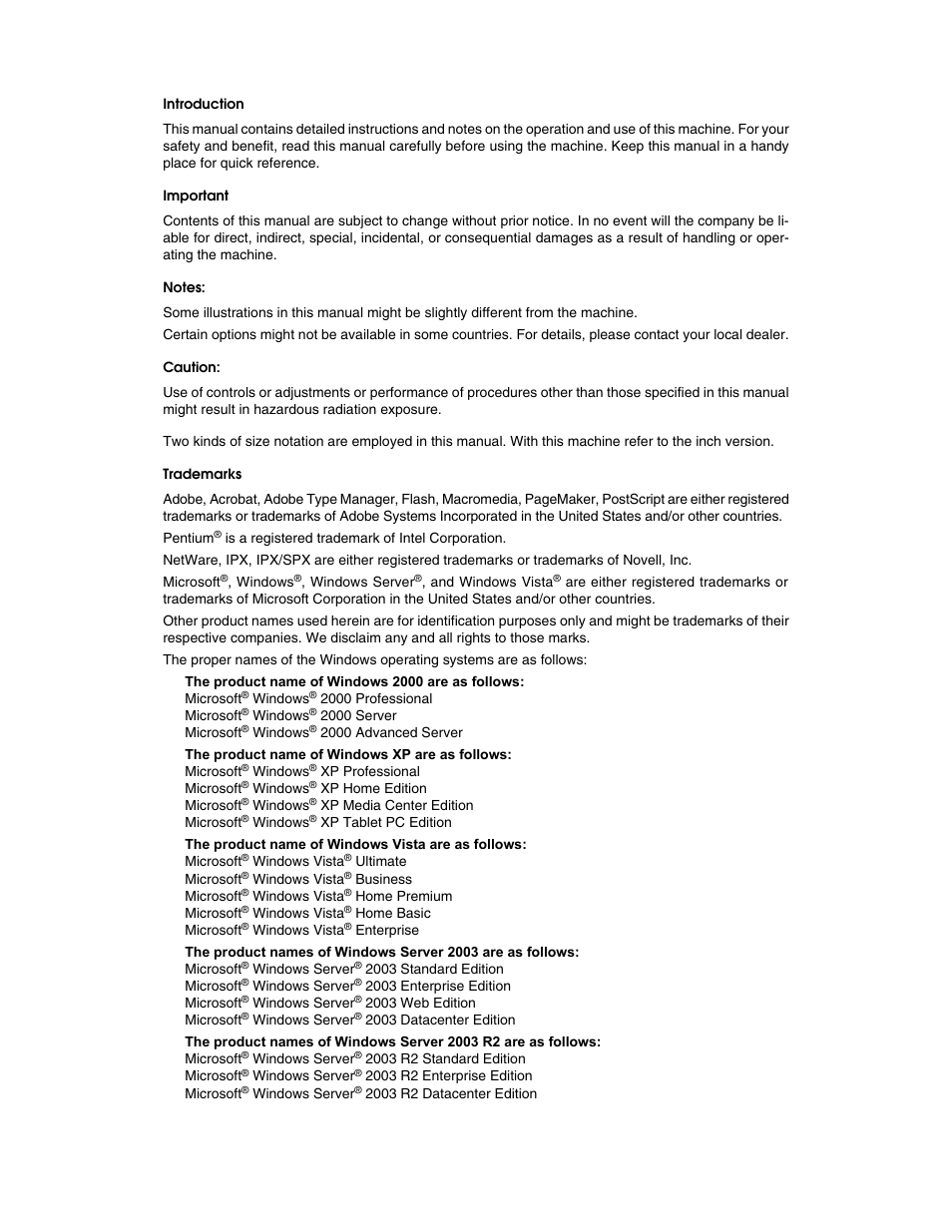 Introduction, Important, Notes | Caution, Trademarks | Ricoh Printer/Scanner Unit Type 8000 User Manual | Page 2 / 174