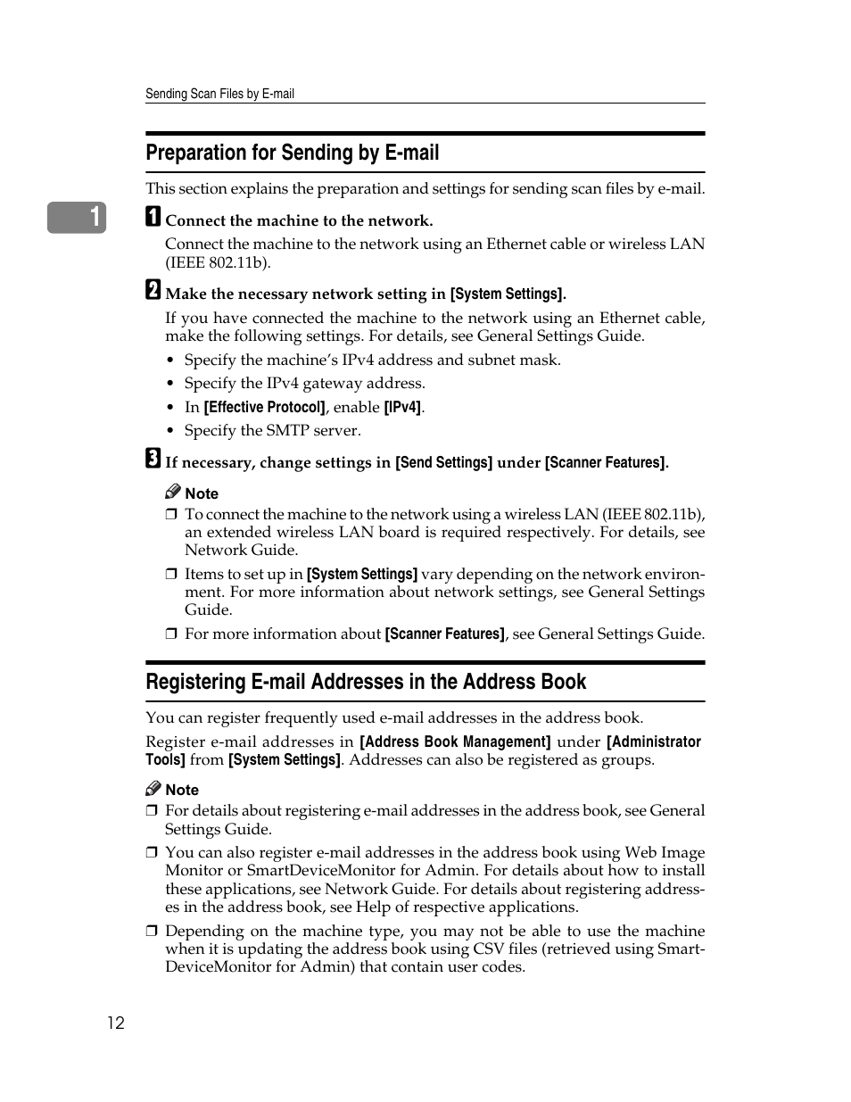 Preparation for sending by e-mail, Registering e-mail addresses in the address book | Ricoh Printer/Scanner Unit Type 8000 User Manual | Page 20 / 174