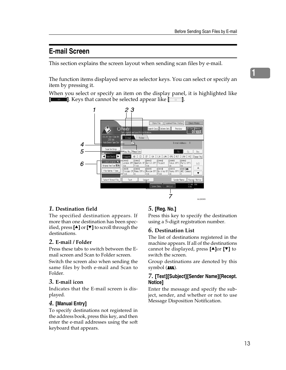 E-mail screen, P.13 “e-mail screen | Ricoh Printer/Scanner Unit Type 8000 User Manual | Page 21 / 174