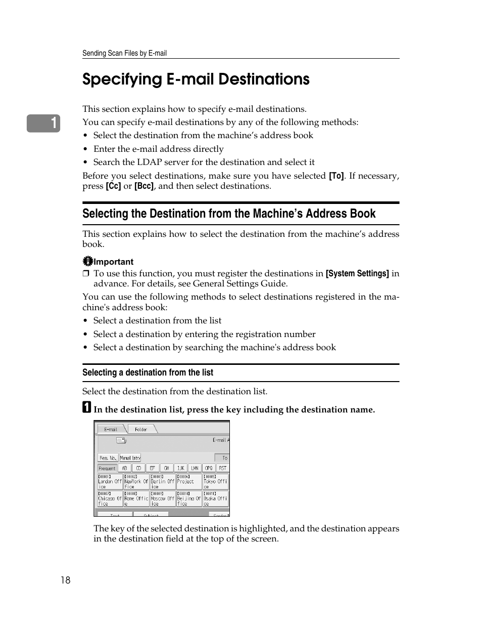 Specifying e-mail destinations, Selecting a destination from the list, P.18 “specifying e-mail destinations | 1specifying e-mail destinations | Ricoh Printer/Scanner Unit Type 8000 User Manual | Page 26 / 174