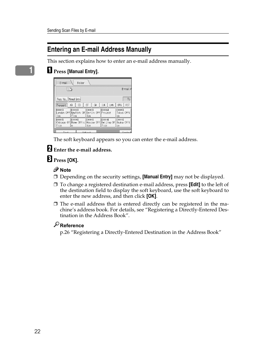 Entering an e-mail address manually | Ricoh Printer/Scanner Unit Type 8000 User Manual | Page 30 / 174