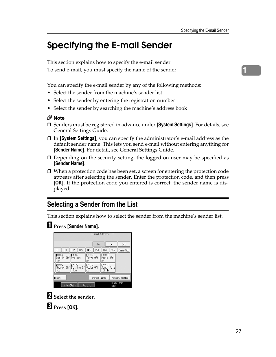 Specifying the e-mail sender, Selecting a sender from the list, P.27 “specifying the e-mail sender | 1specifying the e-mail sender | Ricoh Printer/Scanner Unit Type 8000 User Manual | Page 35 / 174