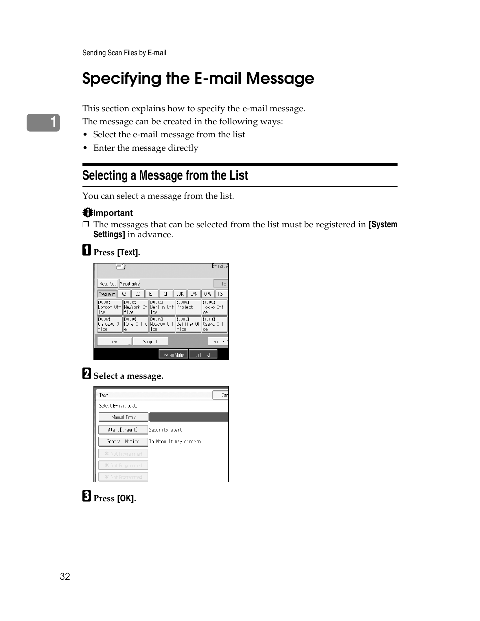 Specifying the e-mail message, Selecting a message from the list, P.32 “specifying the e-mail message | 1specifying the e-mail message | Ricoh Printer/Scanner Unit Type 8000 User Manual | Page 40 / 174