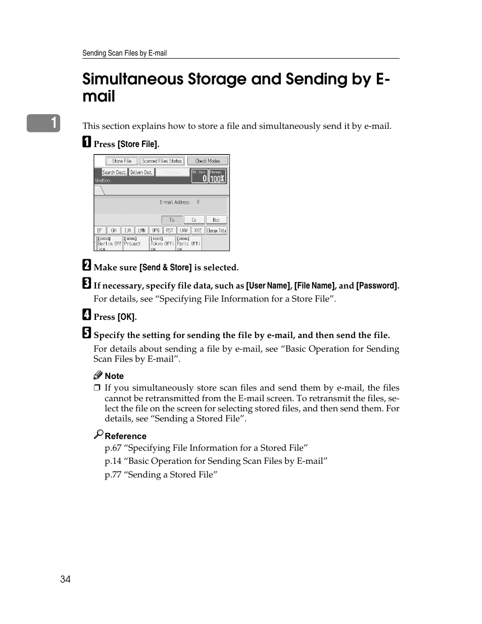 Simultaneous storage and sending by e-mail, P.34 “simultaneous storage and sending by e-mail, 1simultaneous storage and sending by e- mail | Ricoh Printer/Scanner Unit Type 8000 User Manual | Page 42 / 174