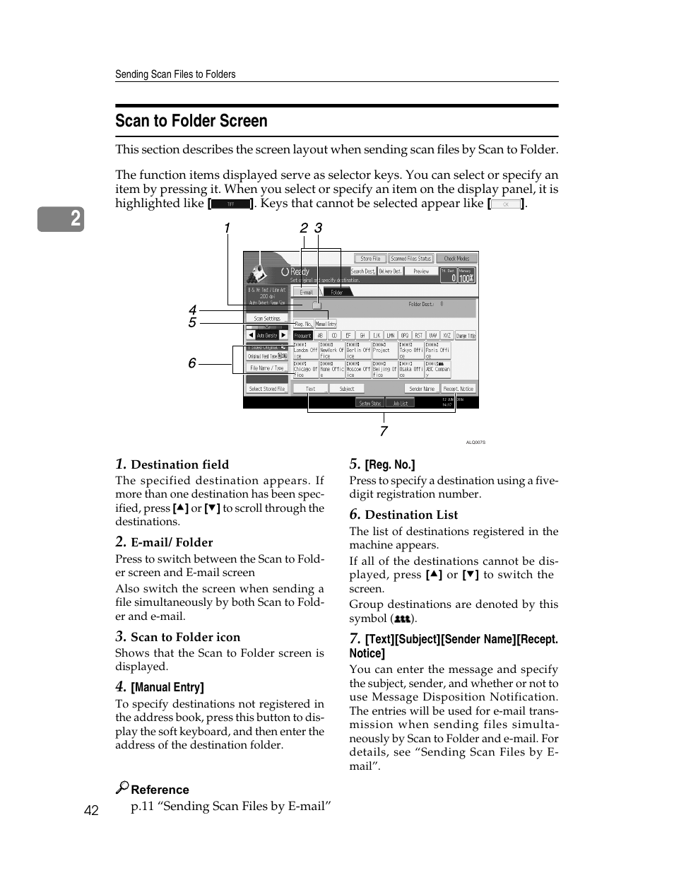 Scan to folder screen, P.42 “scan to folder screen | Ricoh Printer/Scanner Unit Type 8000 User Manual | Page 50 / 174