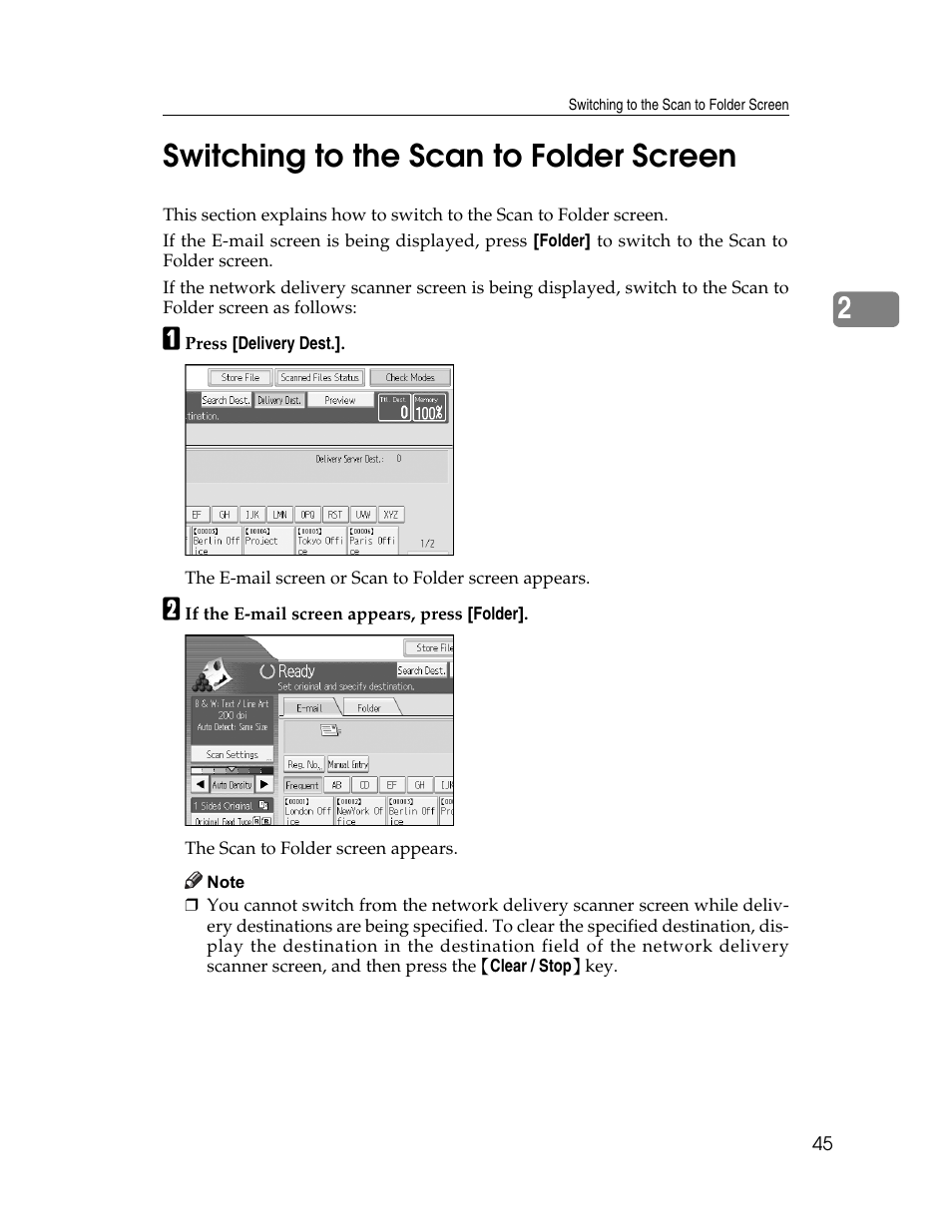 Switching to the scan to folder screen, P.45 “switching to the scan to folder screen, 2switching to the scan to folder screen | Ricoh Printer/Scanner Unit Type 8000 User Manual | Page 53 / 174