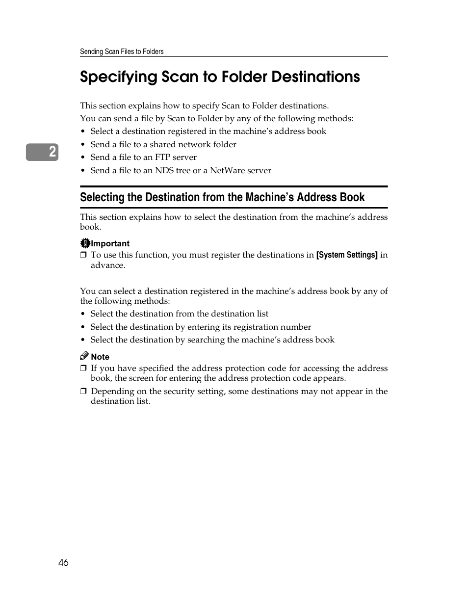 Specifying scan to folder destinations, P.46 “specifying scan to folder destinations, 2specifying scan to folder destinations | Ricoh Printer/Scanner Unit Type 8000 User Manual | Page 54 / 174