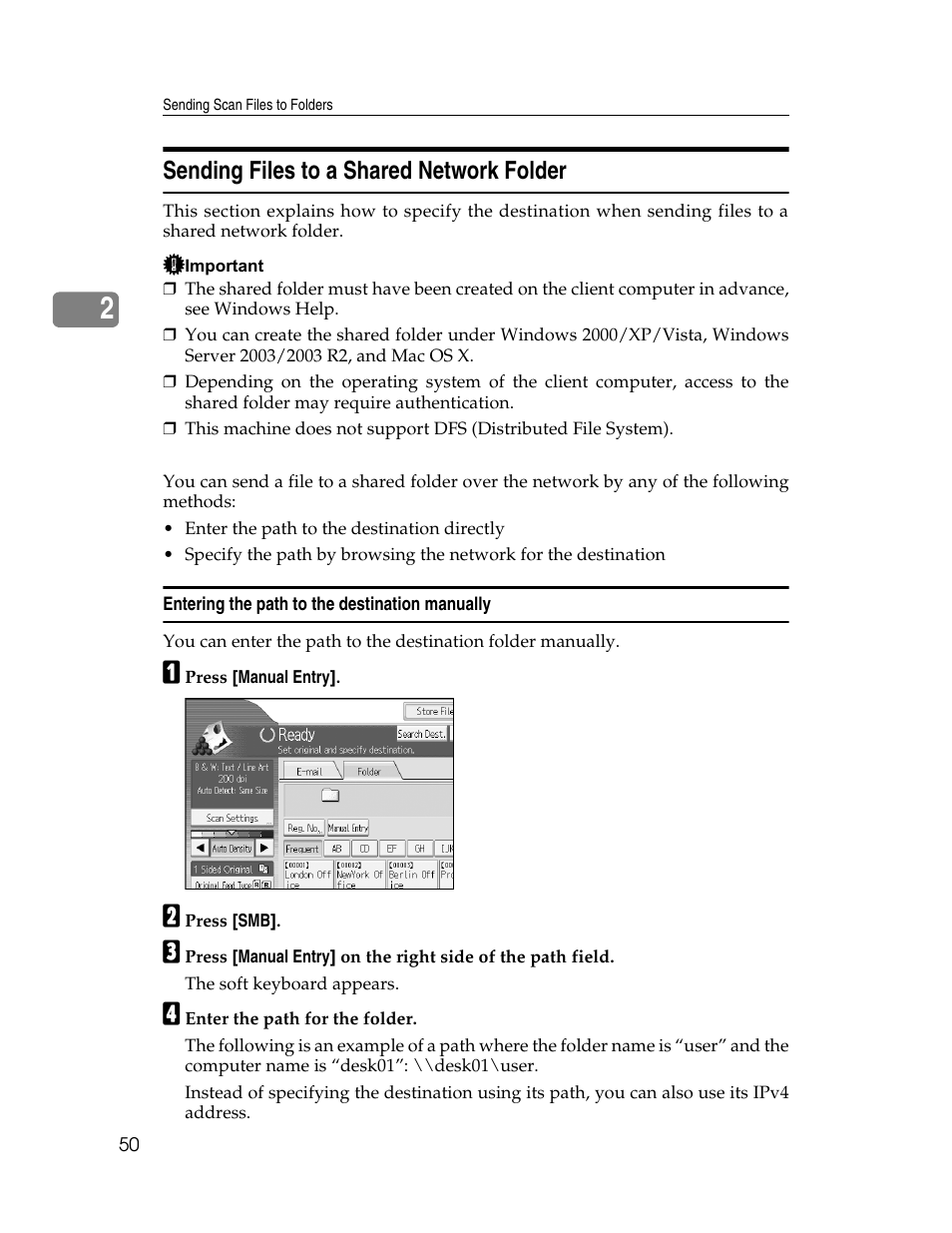 Sending files to a shared network folder, Entering the path to the destination manually | Ricoh Printer/Scanner Unit Type 8000 User Manual | Page 58 / 174