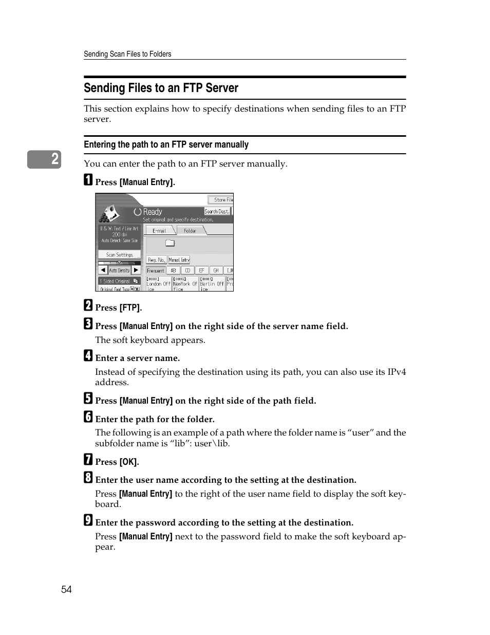 Sending files to an ftp server, Entering the path to an ftp server manually | Ricoh Printer/Scanner Unit Type 8000 User Manual | Page 62 / 174