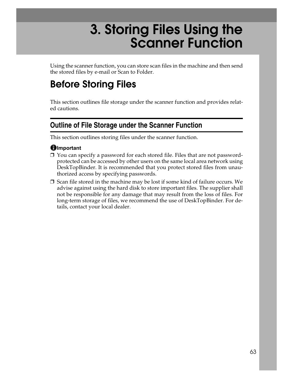  storing files using the scanner function, Before storing files, Outline of file storage under the scanner function | Storing files using the scanner function, P.63 “storing files using the scanner function | Ricoh Printer/Scanner Unit Type 8000 User Manual | Page 71 / 174