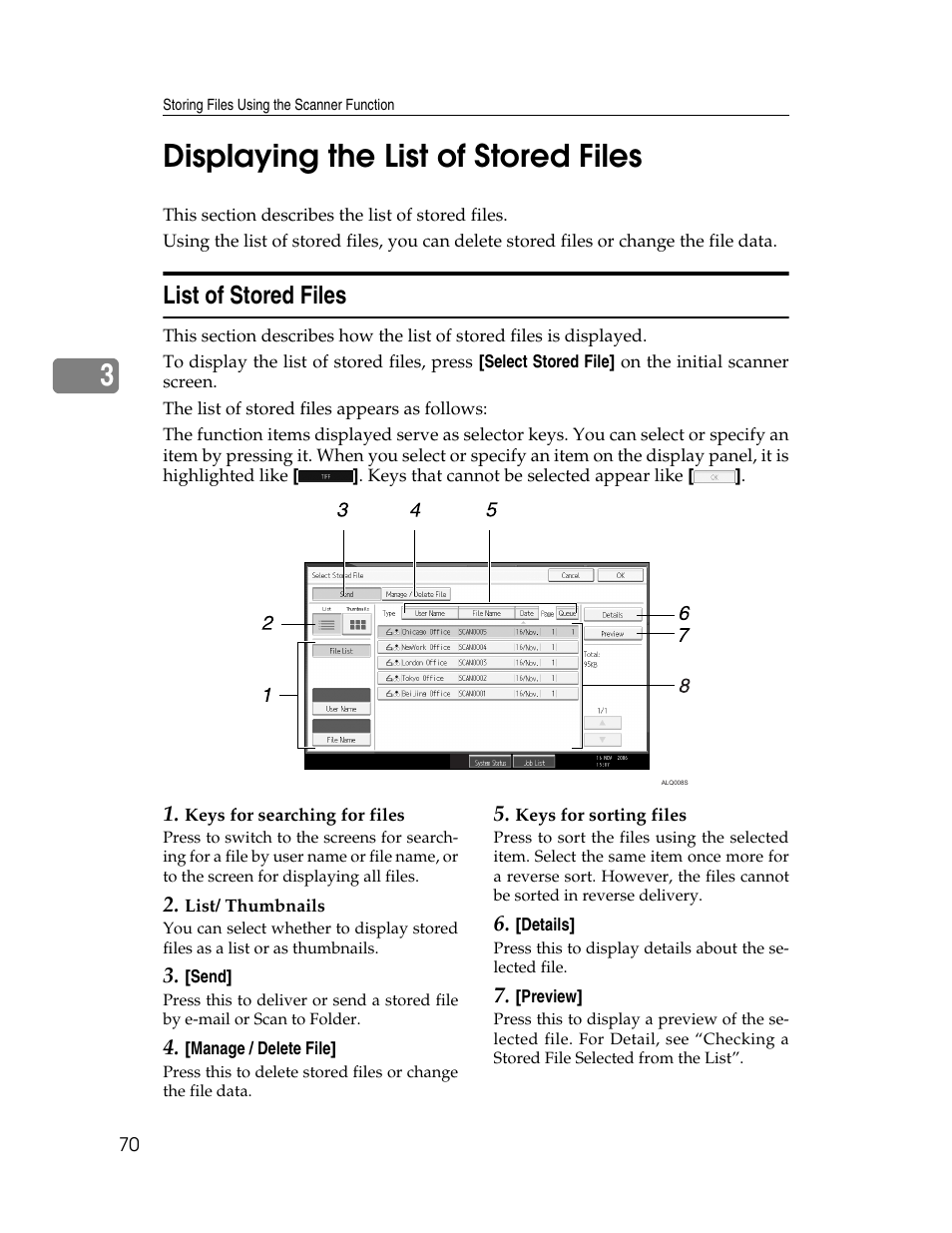 Displaying the list of stored files, List of stored files, P.70 “list of stored files | 3displaying the list of stored files | Ricoh Printer/Scanner Unit Type 8000 User Manual | Page 78 / 174