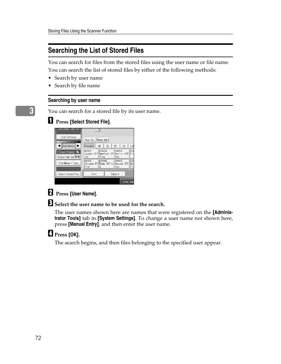 Searching the list of stored files, Searching by user name | Ricoh Printer/Scanner Unit Type 8000 User Manual | Page 80 / 174