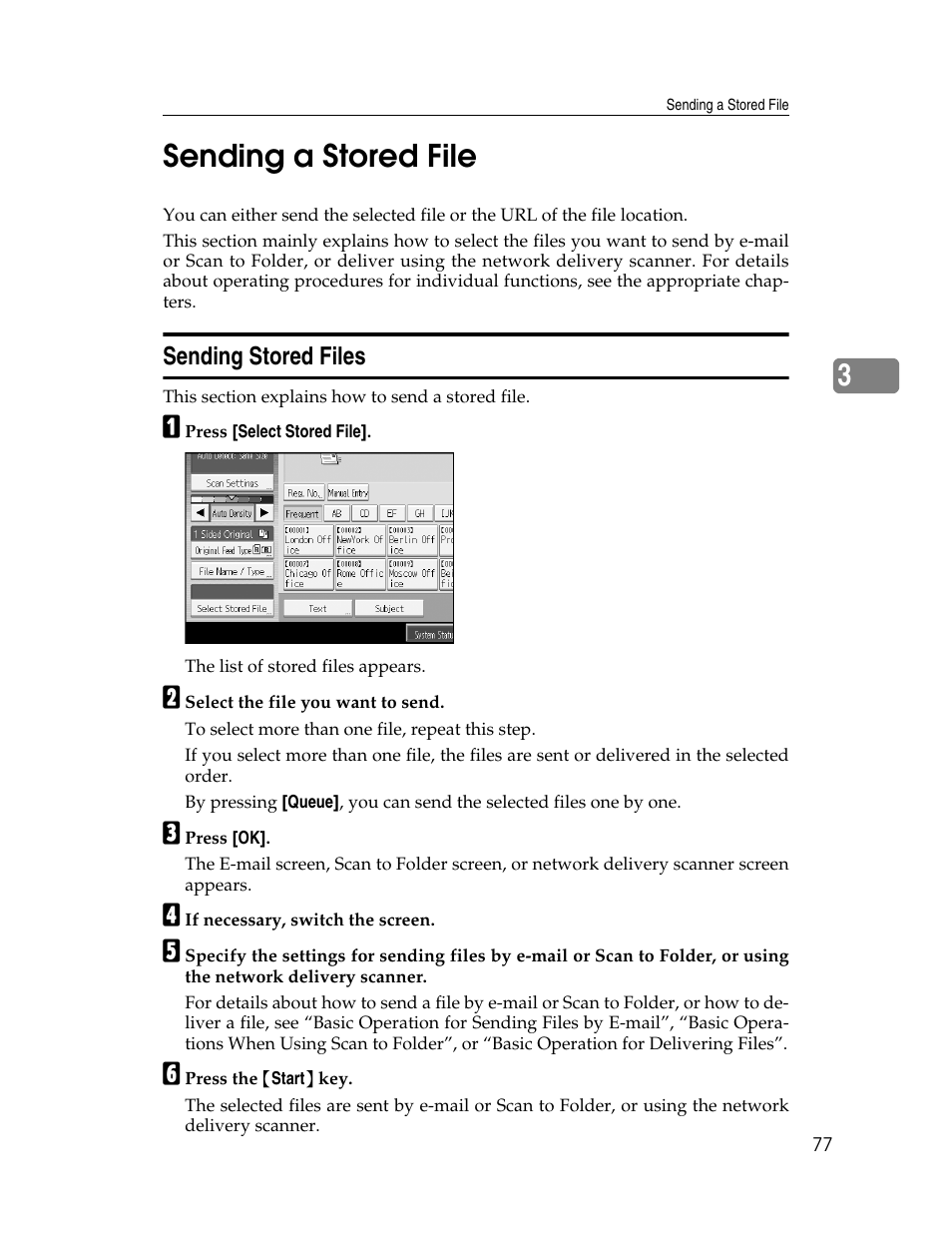 Sending a stored file, Sending stored files, 3sending a stored file | Ricoh Printer/Scanner Unit Type 8000 User Manual | Page 85 / 174