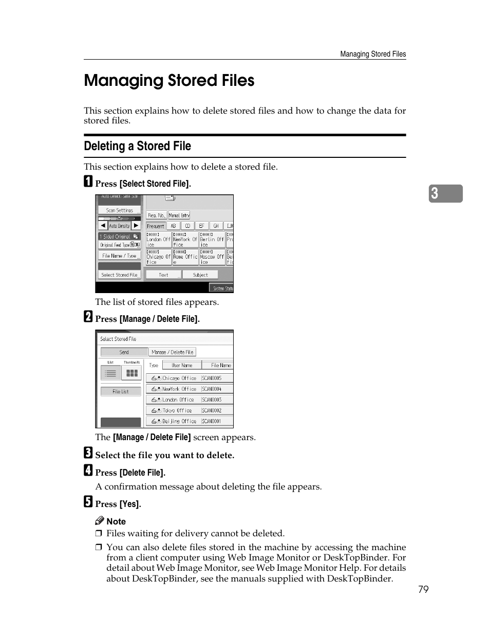Managing stored files, Deleting a stored file, 3managing stored files | Ricoh Printer/Scanner Unit Type 8000 User Manual | Page 87 / 174
