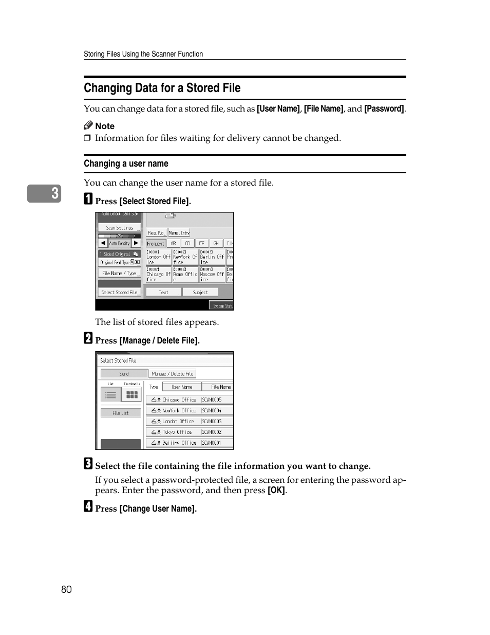 Changing data for a stored file, Changing a user name, Original orientation | Ricoh Printer/Scanner Unit Type 8000 User Manual | Page 88 / 174