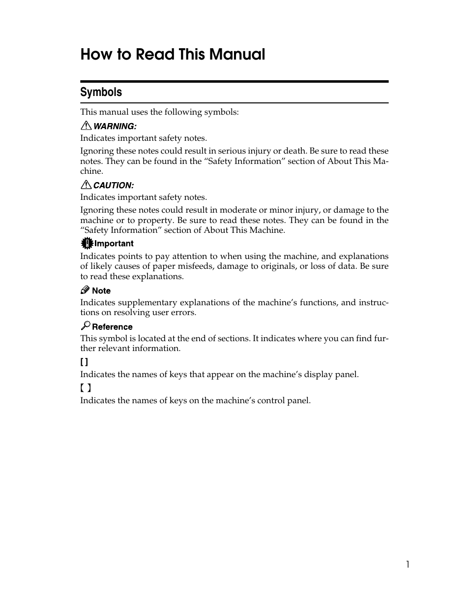 How to read this manual, Symbols | Ricoh Printer/Scanner Unit Type 8000 User Manual | Page 9 / 174