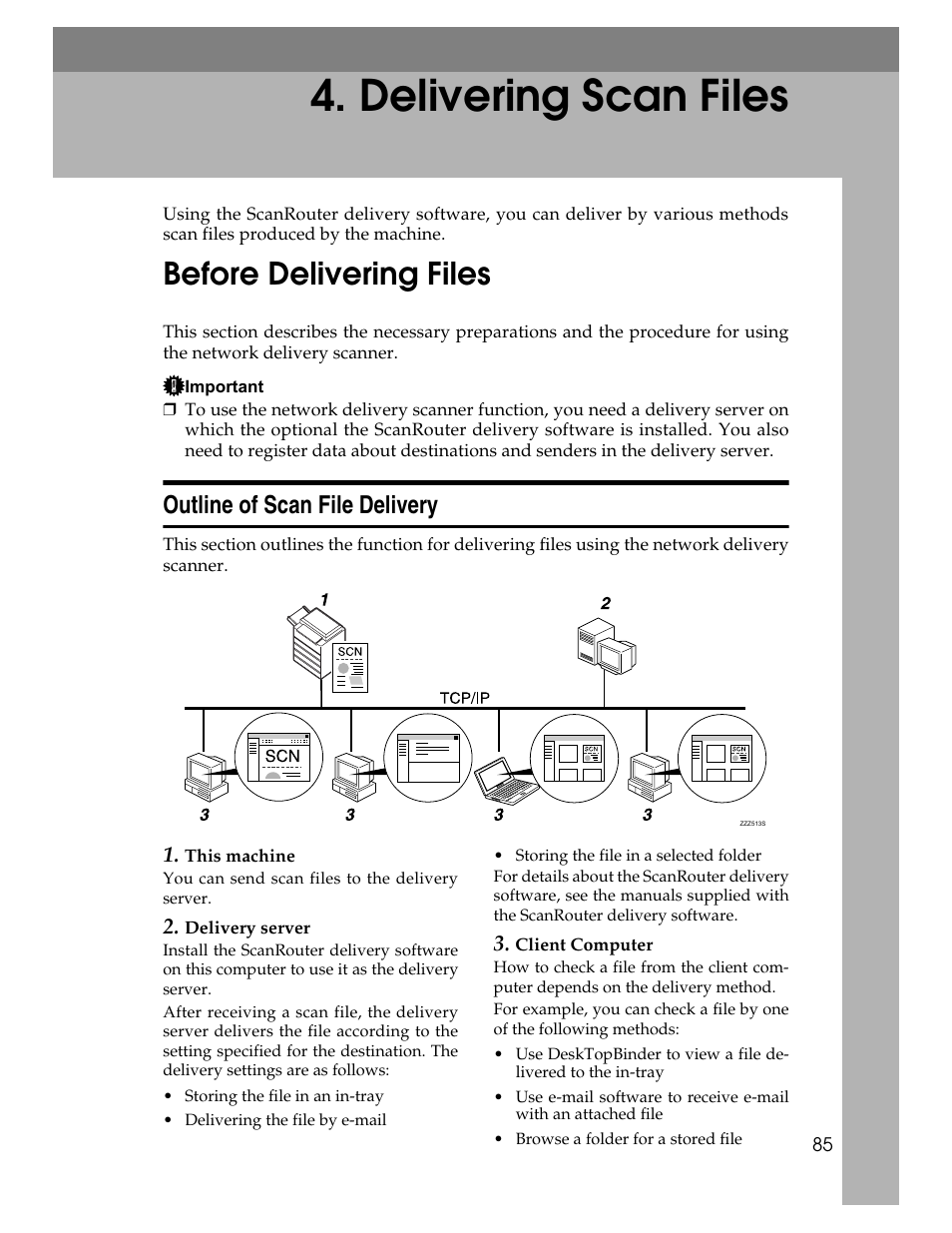 delivering scan files, Before delivering files, Outline of scan file delivery | Delivering scan files, P.85 “delivering scan files | Ricoh Printer/Scanner Unit Type 8000 User Manual | Page 93 / 174