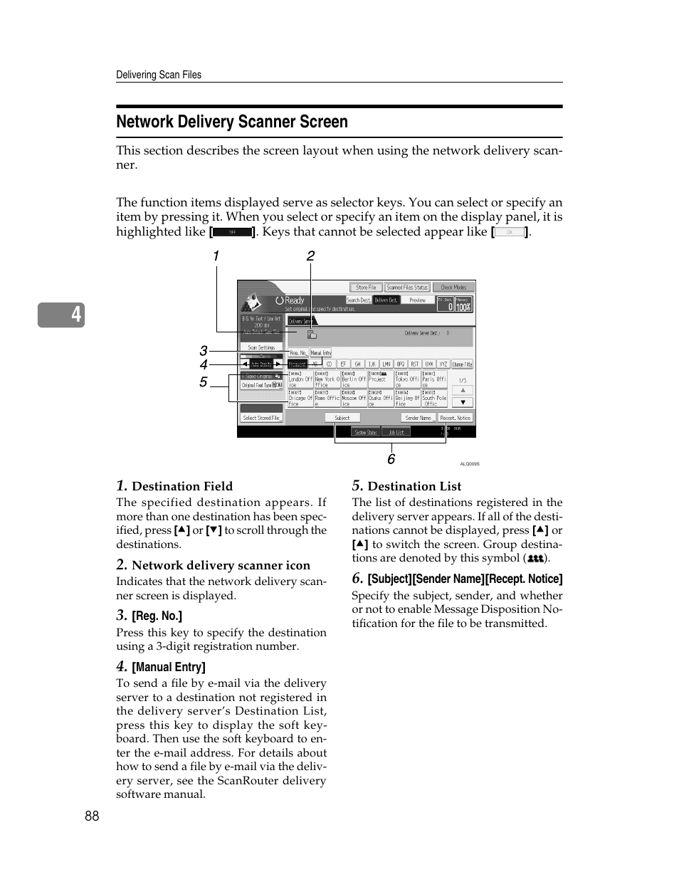 Network delivery scanner screen, P.88 “network delivery scanner screen | Ricoh Printer/Scanner Unit Type 8000 User Manual | Page 96 / 174