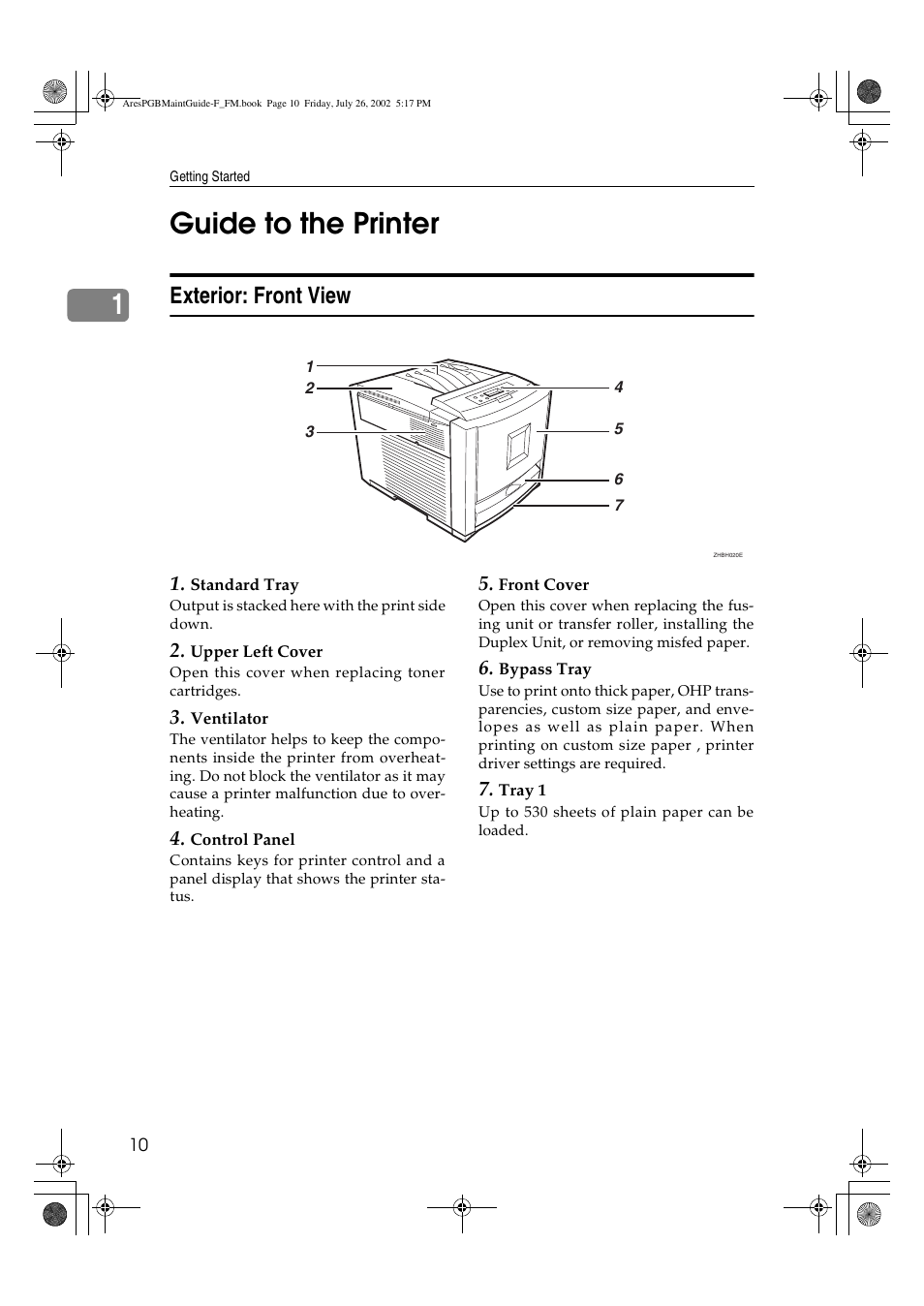 Guide to the printer, Exterior: front view, 1guide to the printer | Ricoh CL3000DN User Manual | Page 14 / 84