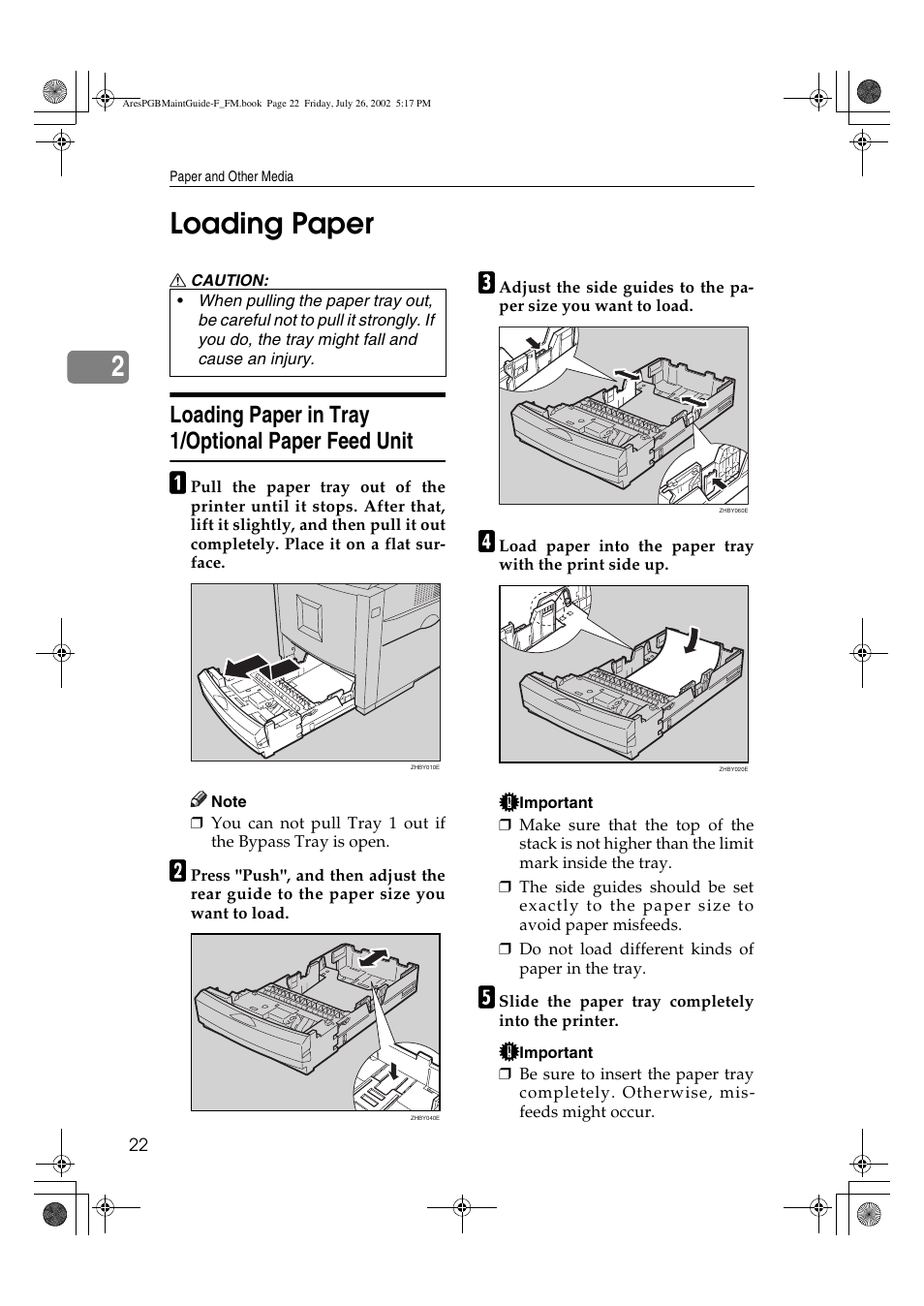 Loading paper, Loading paper in tray 1/optional paper feed unit, 2loading paper | Ricoh CL3000DN User Manual | Page 26 / 84