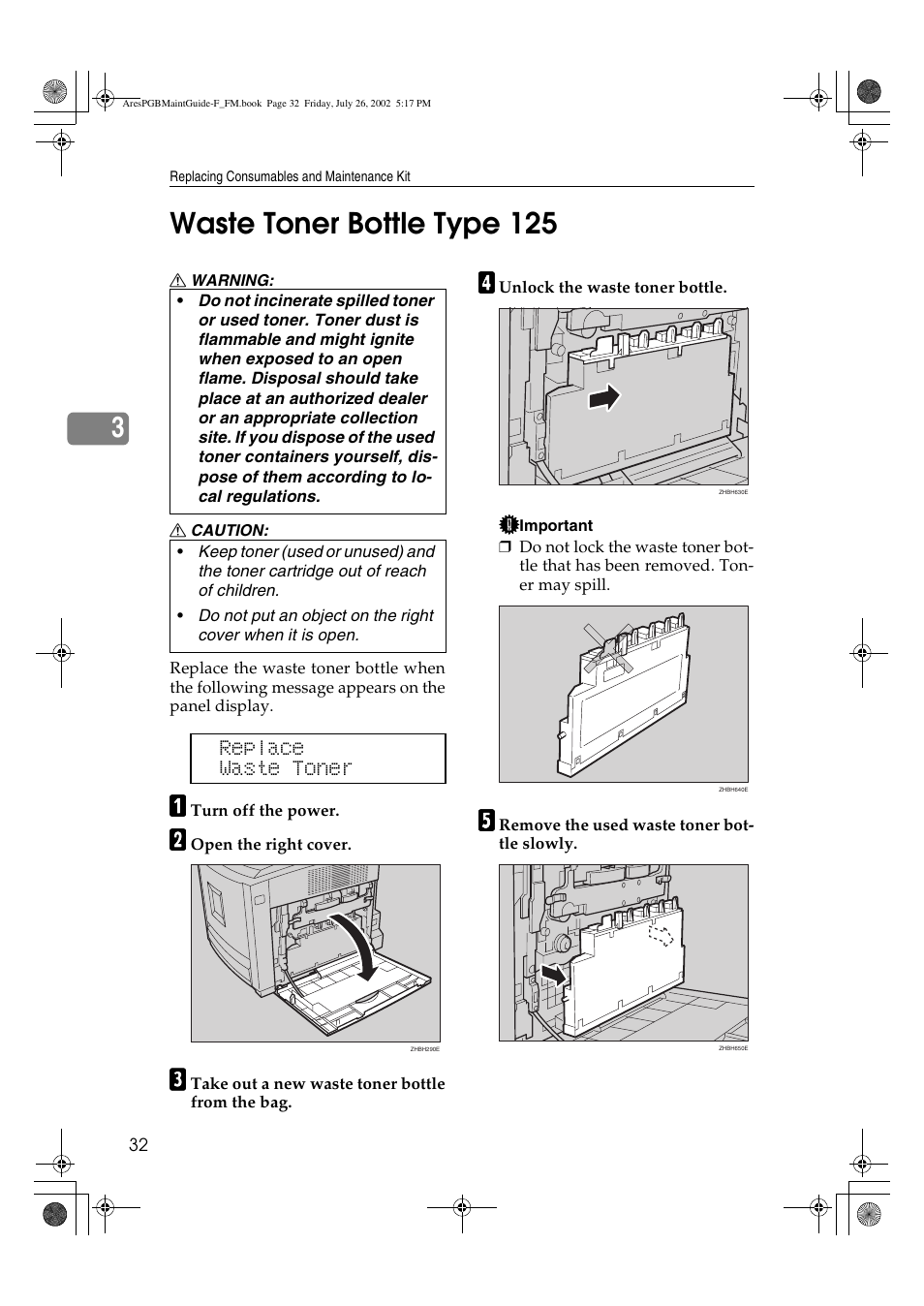 Waste toner bottle type 125, 3waste toner bottle type 125, Replace waste toner | Ricoh CL3000DN User Manual | Page 36 / 84