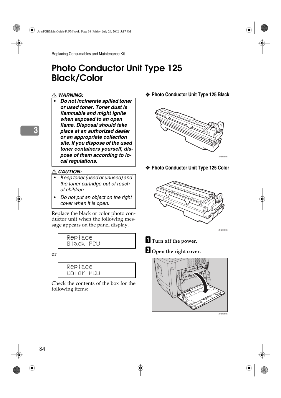 Photo conductor unit type 125 black/color, 3photo conductor unit type 125 black/color, Replace black pcu replace color pcu | Ricoh CL3000DN User Manual | Page 38 / 84