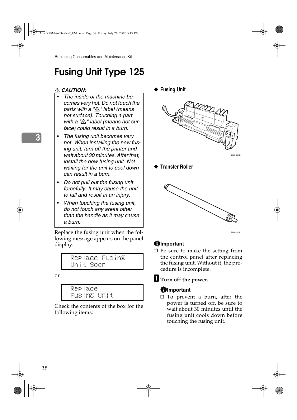 Fusing unit type 125, 3fusing unit type 125, Replace fusing unit soon replace fusing unit | Ricoh CL3000DN User Manual | Page 42 / 84