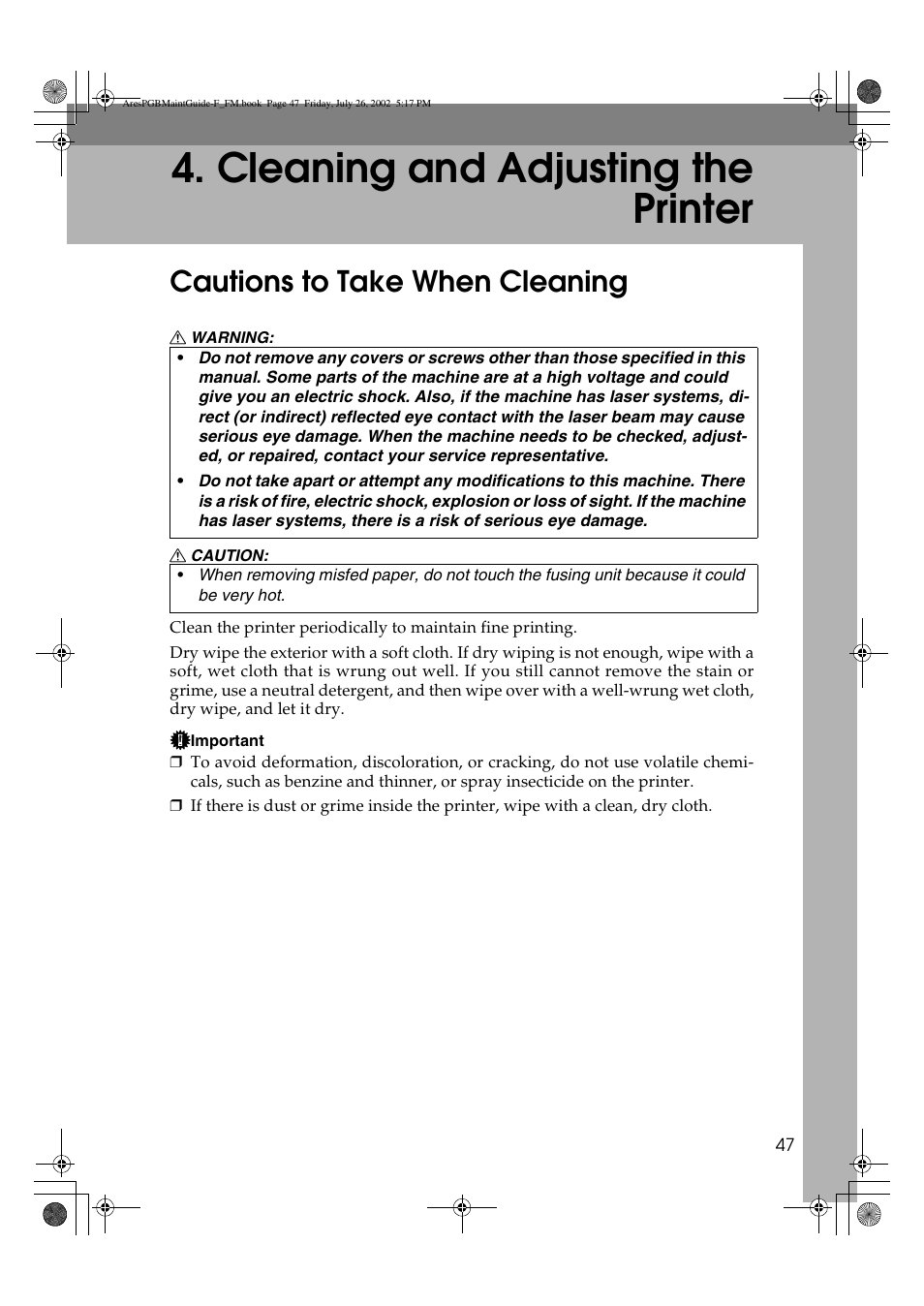 Cleaning and adjusting the printer, Cautions to take when cleaning | Ricoh CL3000DN User Manual | Page 51 / 84