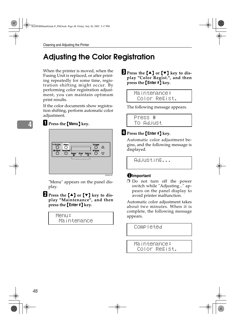 Adjusting the color registration, 4adjusting the color registration | Ricoh CL3000DN User Manual | Page 52 / 84