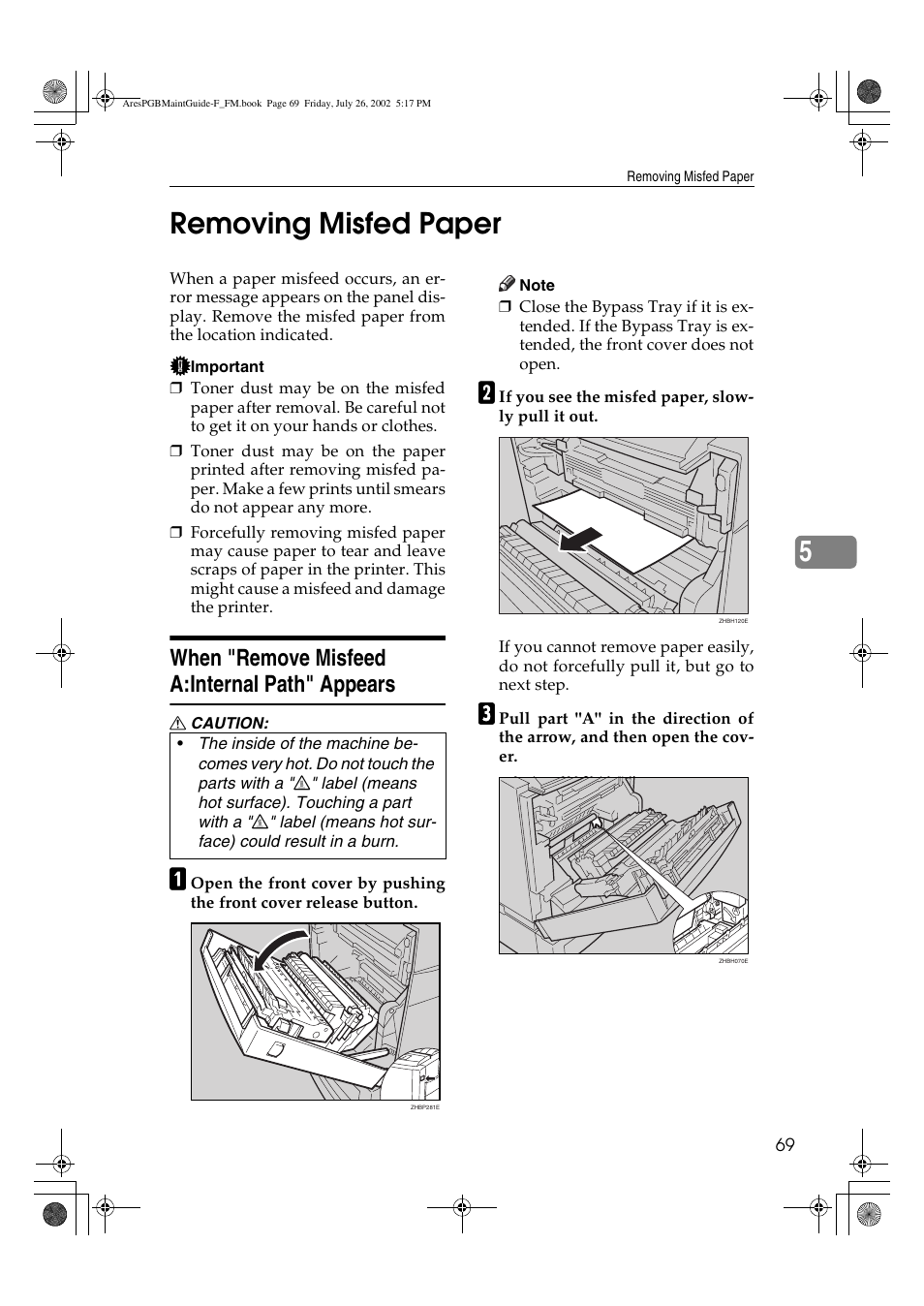 Removing misfed paper, When "remove misfeed a:internal path" appears, 5removing misfed paper | Ricoh CL3000DN User Manual | Page 73 / 84