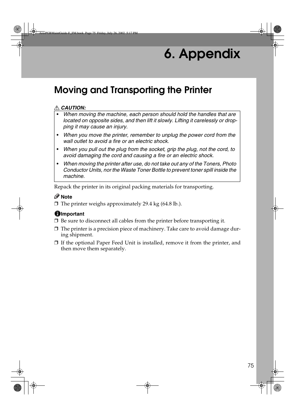 Appendix, Moving and transporting the printer | Ricoh CL3000DN User Manual | Page 79 / 84