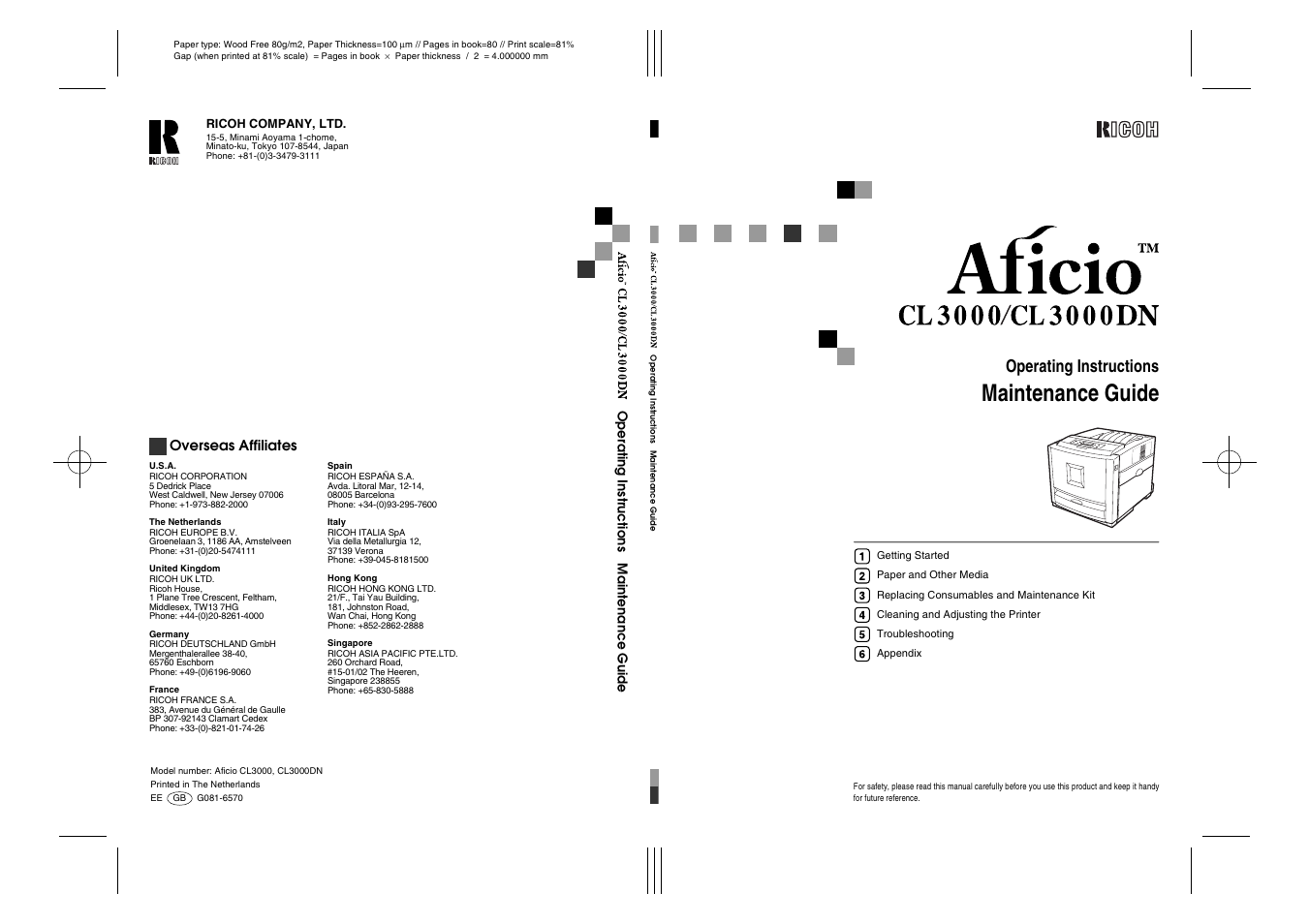 Maintenance guide, Operating instructions, Overseas affiliates | Ricoh CL3000DN User Manual | Page 84 / 84