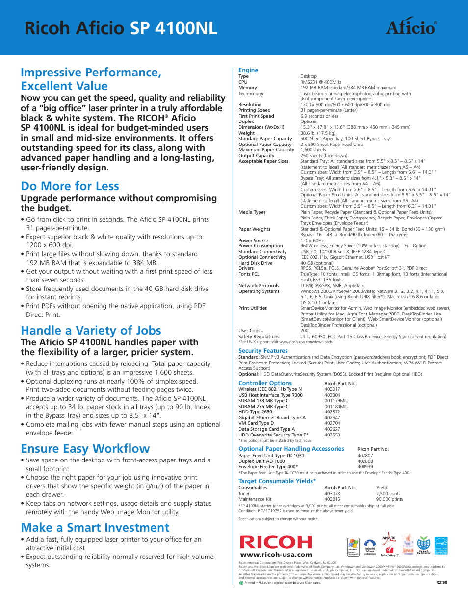 Ricoh aficio sp 4100nl, Impressive performance, excellent value, Do more for less | Handle a variety of jobs, Ensure easy workflow, Make a smart investment | Ricoh Network Data Protection Unit 402102 User Manual | Page 2 / 2