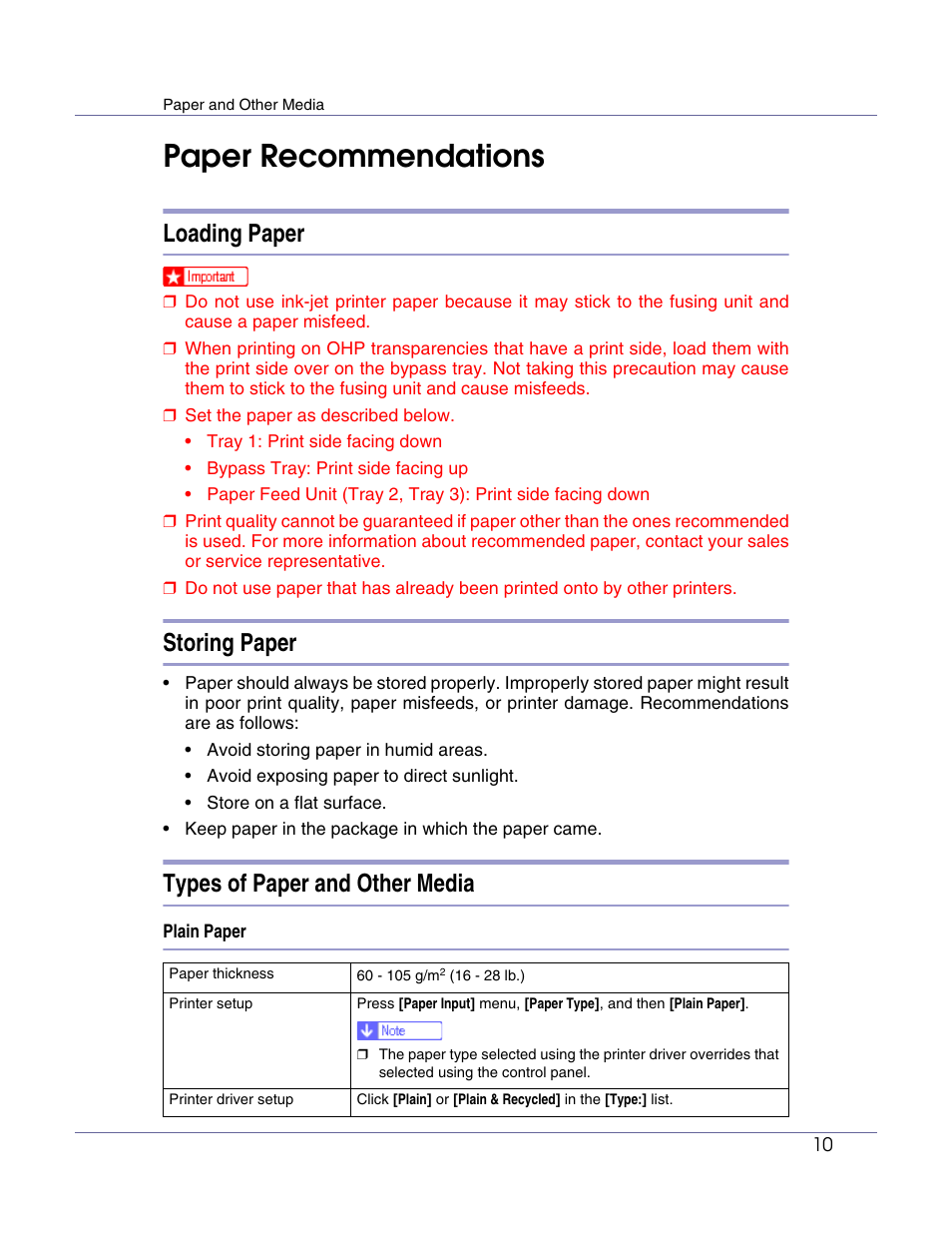 Paper recommendations, Loading paper, Storing paper | Types of paper and other media | Ricoh Aficio AP610i User Manual | Page 10 / 117