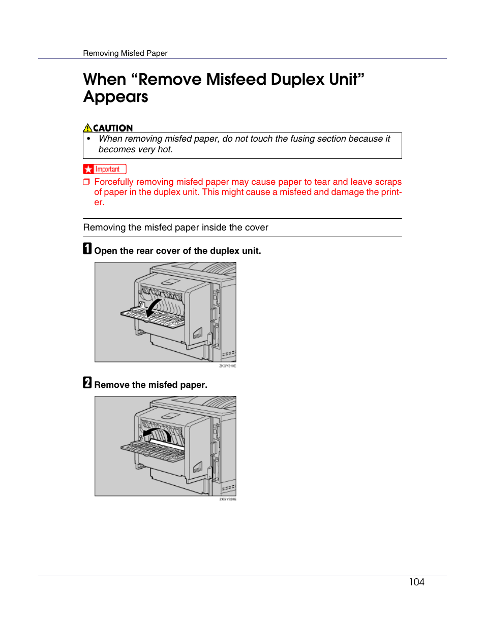 When “remove misfeed duplex unit” appears, P.104 “when “remove misfeed, Duplex unit” appears | Ricoh Aficio AP610i User Manual | Page 104 / 117