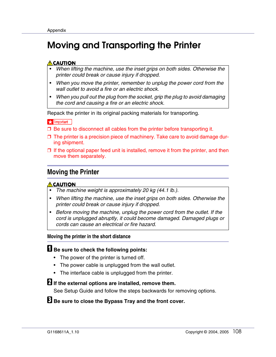 Appendix, Moving and transporting the printer, Moving the printer | Ricoh Aficio AP610i User Manual | Page 108 / 117