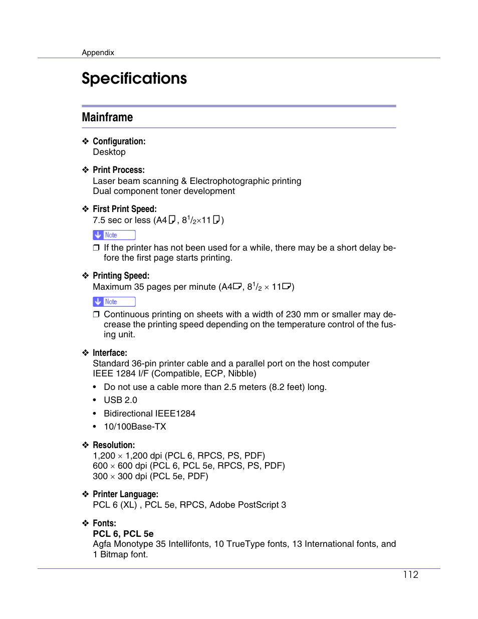 Specifications, Mainframe | Ricoh Aficio AP610i User Manual | Page 112 / 117