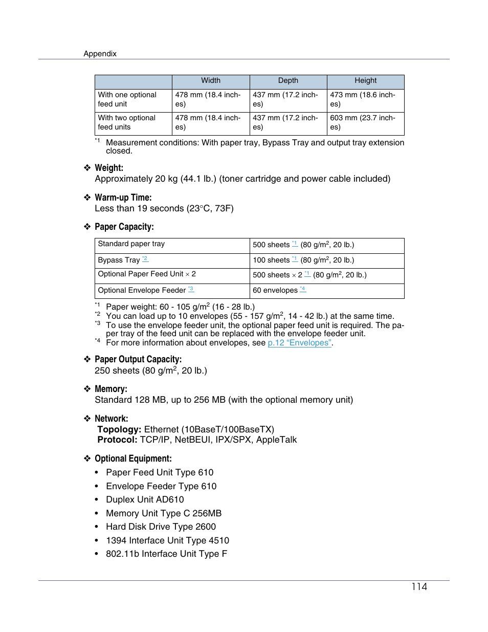 Dimensions, Weight, Warm-up time | Paper capacity, Paper output capacity, Network, Optional equipment | Ricoh Aficio AP610i User Manual | Page 114 / 117